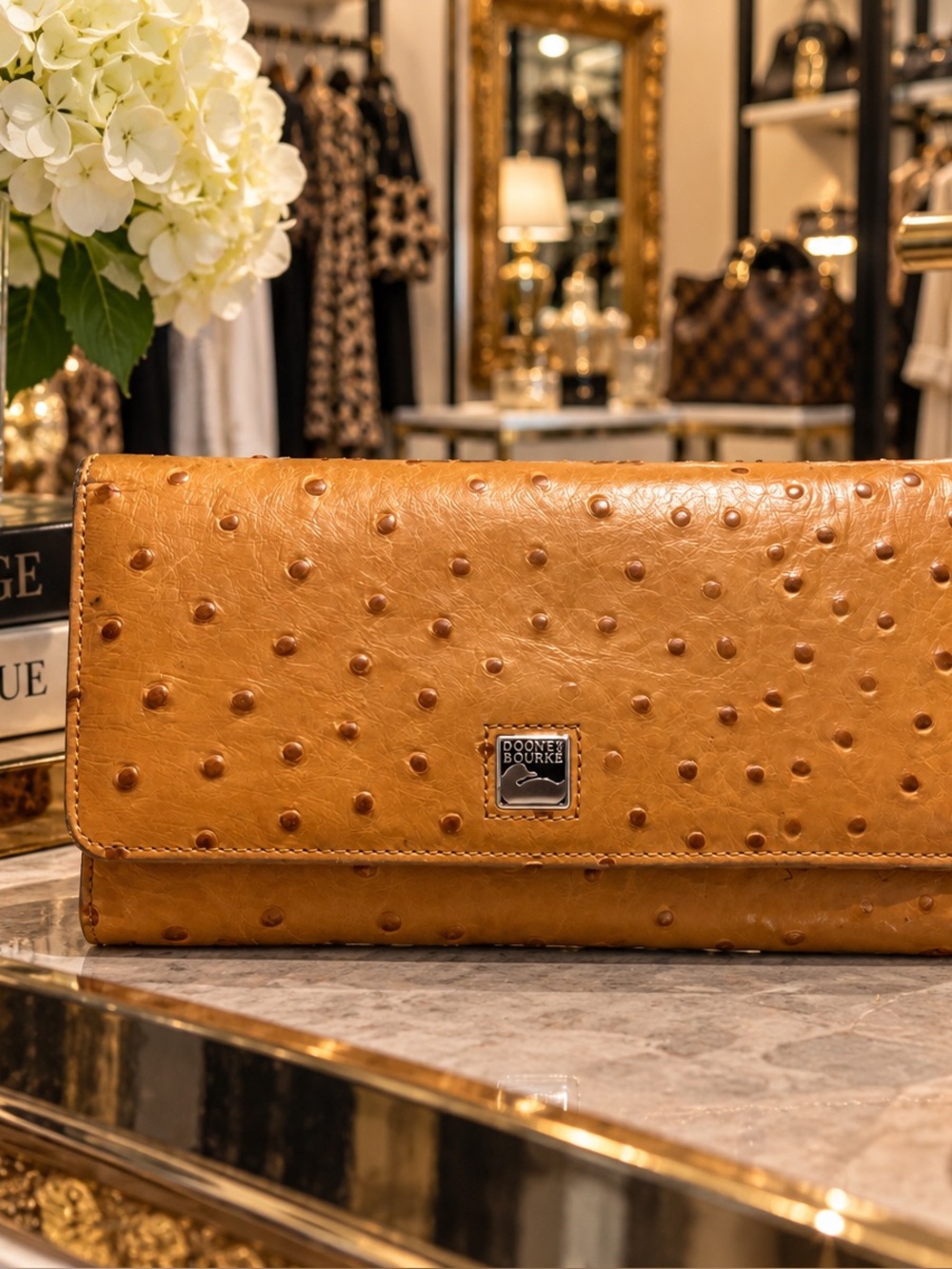 Dooney & Bourke Ostrich Embossed Flap Continental Wallet Brown